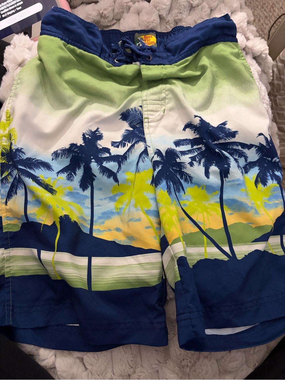 Men’s Sz Small Bass Pro  Palm Print Swim Trunks - Blue & Lime